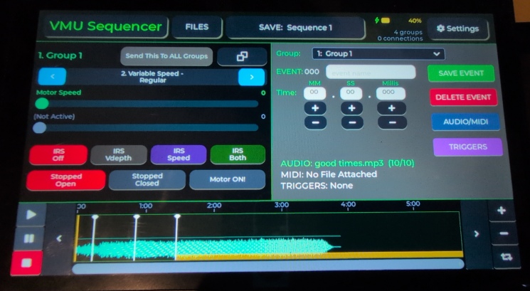 VMU Sequencer timeline view with audio and MIDI attachments